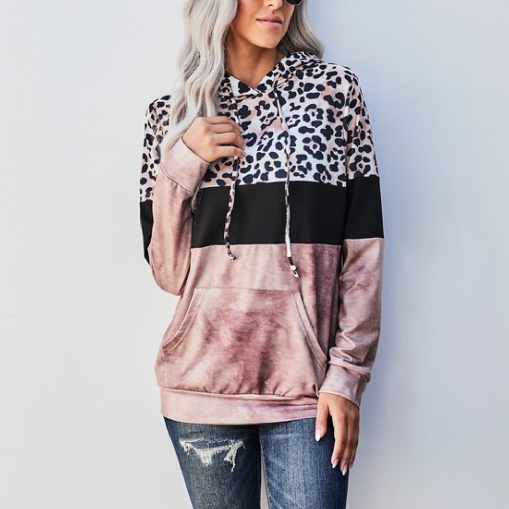 Boho Pink Leopard Print Tie Dye Sweater Top - Picture 2 of 7